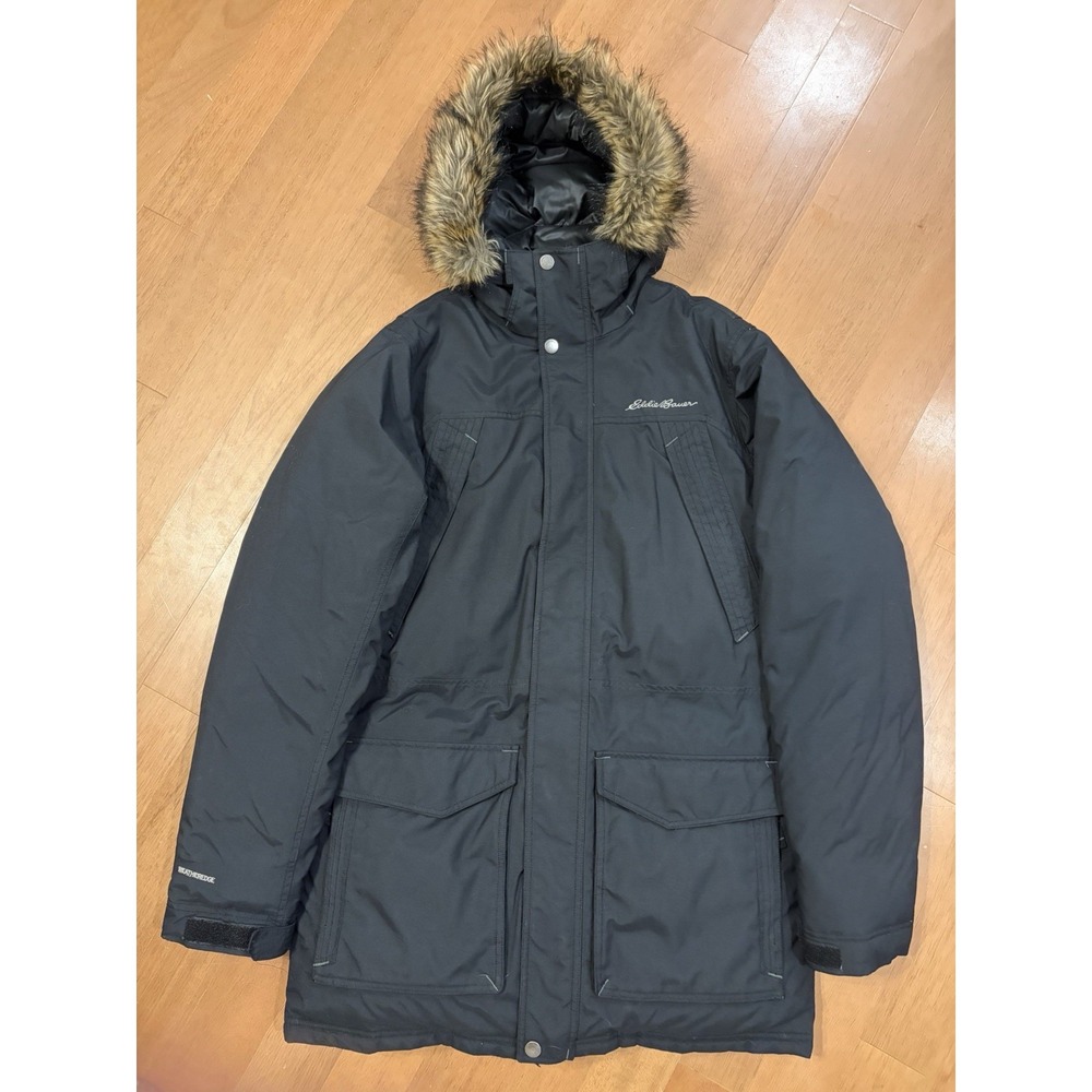 Eddie Bauer Down Parka Jacket Insulated Black Medium Tall WeatherEdge Fur Hood